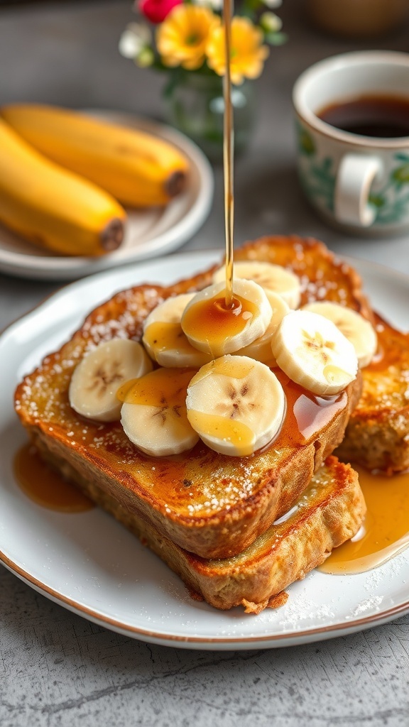 Delicious banana bread French toast topped with bananas and maple syrup on a breakfast table.